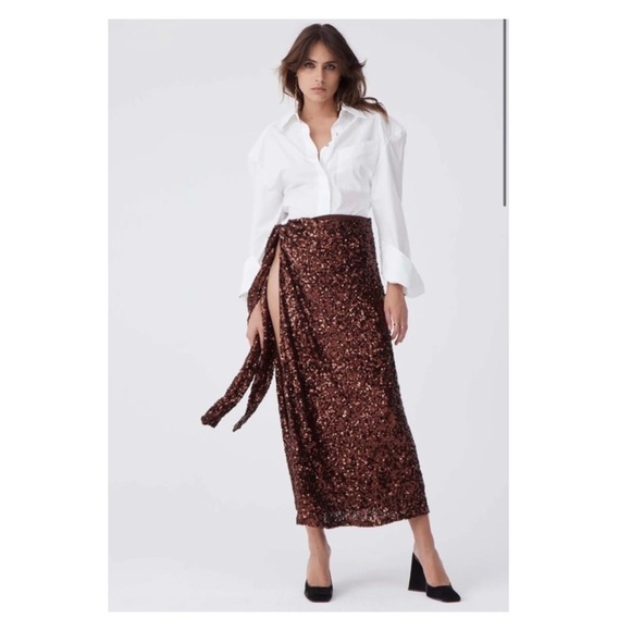 NWT ATOIR Teary Chocolate Brown Sequin Midi Wrap Skirt Small High Slit - Picture 2 of 16